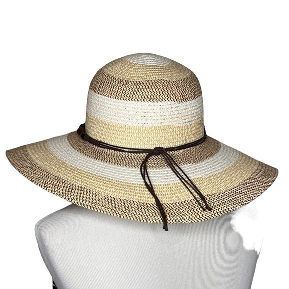 Magid Floppy Wide Brim Woven Paper Sun Hat Size 23 Large Straw Tan Brown Stripe - Picture 5 of 10